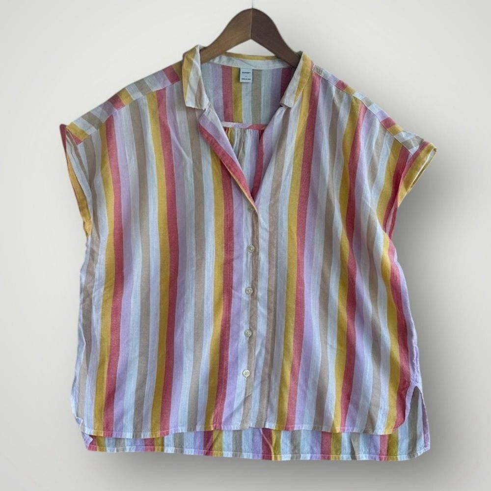 Old Navy Striped Button-Front Short Sleeve Blouse in Pink, Yellow, Blue
